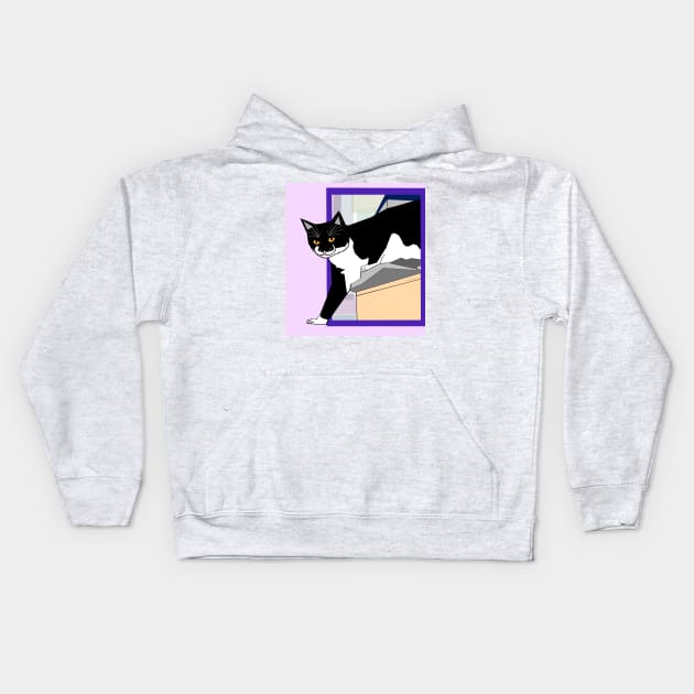 Cute Tuxedo Cat up high. Stepping outside the box Copyright by TeAnne Kids Hoodie by TeAnne